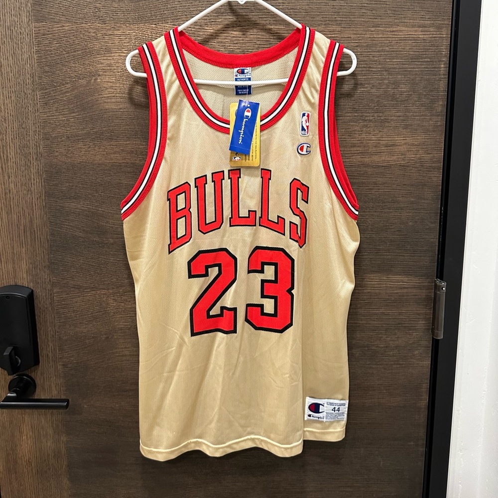 Gold, champion basketball jersey shorts combo with tags vintage- 23 Jordan